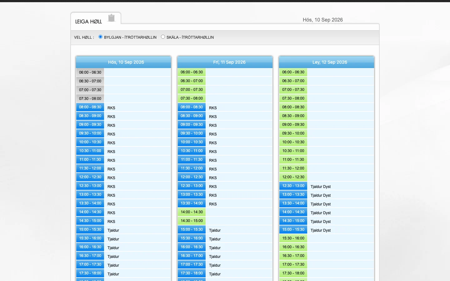 Hallarskipan booking calendar for a Runavík sports hall